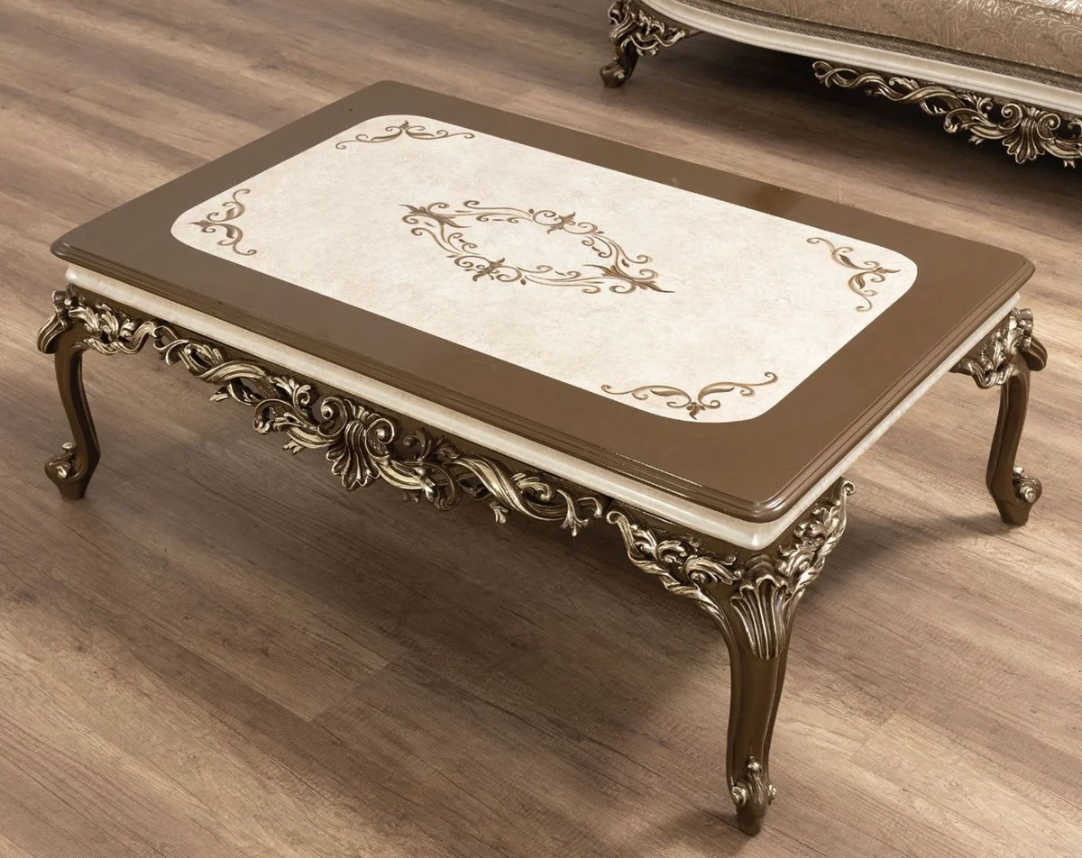 Casa Padrino mesa de centro barroco de lujo marr¨®n / crema / oro - Mesa de sal¨®n de madera maciza hecha a mano - Muebles de sal¨®n barrocos - Noble y Magn¨ªfico