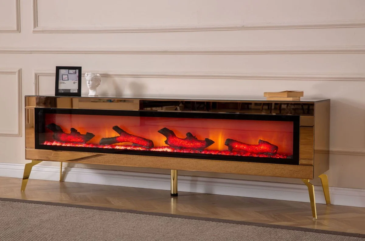 Casa Padrino gabinete de TV de lujo con chimenea eléctrica LED y mando a distancia oro 180 cm