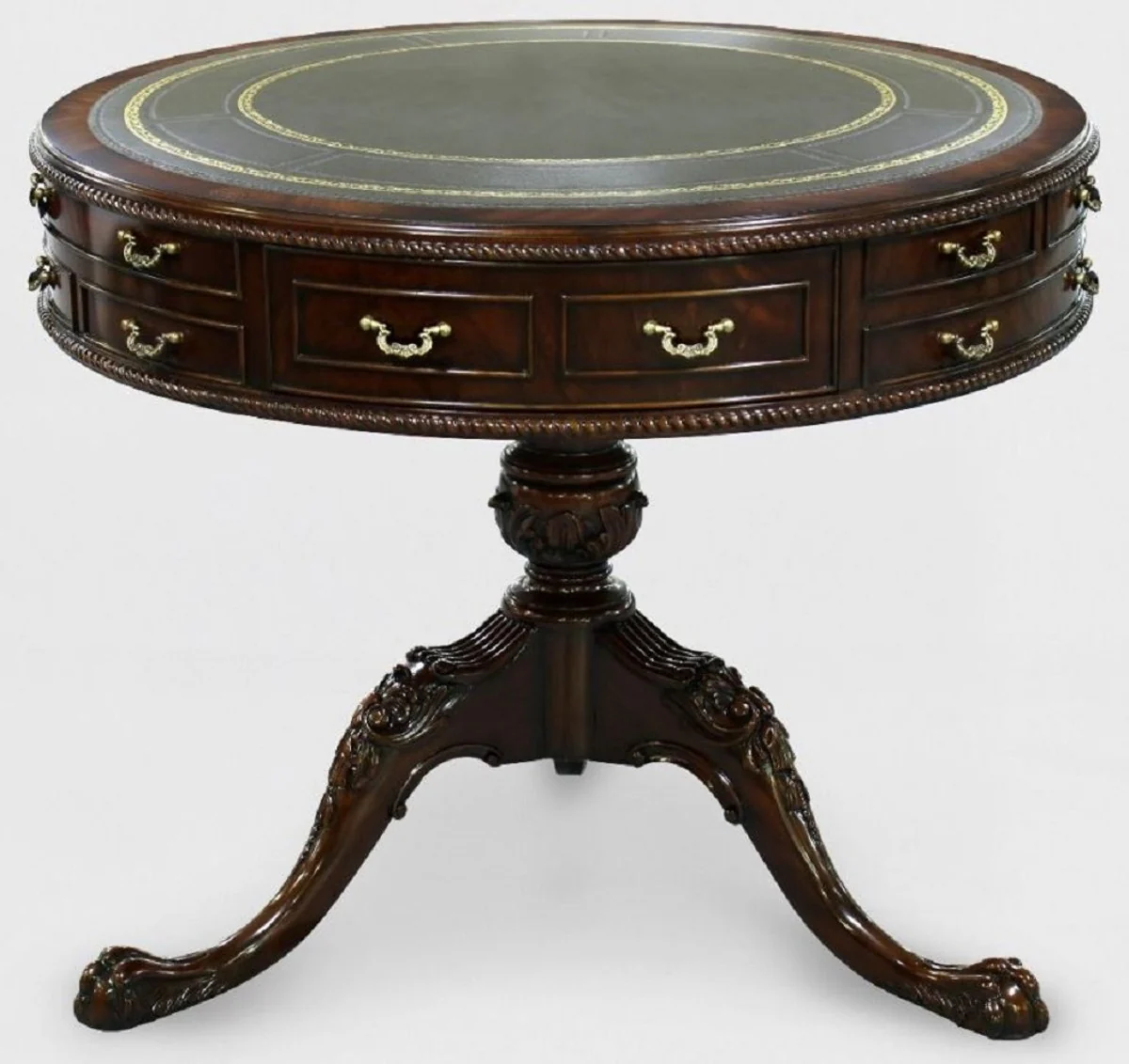 Casa Padrino mesa auxiliar barroco de lujo marr¨®n / verde / oro ? 91 x A. 76 cm - Mesa redonda de caoba con 14 cajones y piel genuina - Muebles barrocos de caoba