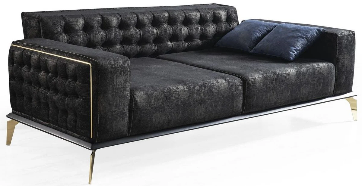 Casa Padrino sof¨¢ Art Deco Chesterfield de lujo negro / gris / lat¨®n 236 x 99 x A. 86 cm - Sof¨¢ de sal¨®n noble con cojines decorativas - Calidad de Lujo