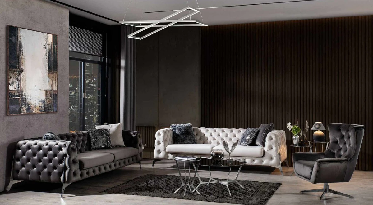 Casa Padrino Sof¨¢ Chesterfield de Lujo Blanco / Plata 240 x 100 x A. 72 cm - Sof¨¢ de Sala de Estar - Muebles de Sala de Estar Chesterfield