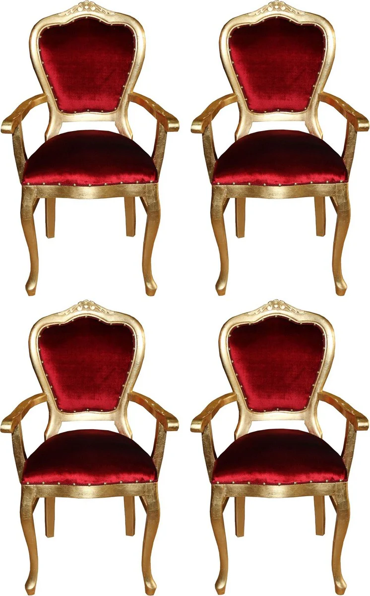 Casa Padrino Conjunto de Sillas de Comedor Barroco de Lujo Burdeos Rojo / Oro 60 x 47 x H. 99 cm - 4 Sillas de Comedor Hechas a Mano con Reposabrazos - Muebles de Comedor Barrocos