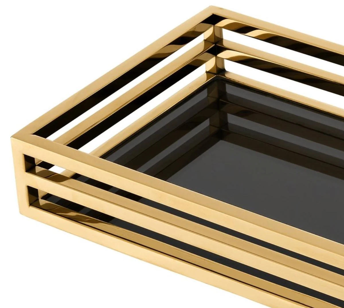 Casa Padrino bandeja de servicio de lujo oro / negro 60 x 20 x H. 5,5 cm - Bandeja de Acero Inoxidable con Espejo Negro