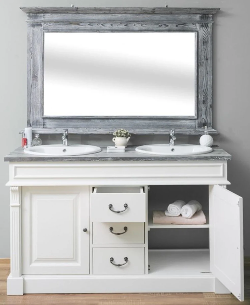Casa Padrino Conjunto de Baño de Estilo Campestre Blanco / Gris - 1 Gabinete del Fregadero Doble y 1 Espejo de Pared - Muebles de Baño de Madera Maciza en Estilo Campestre
