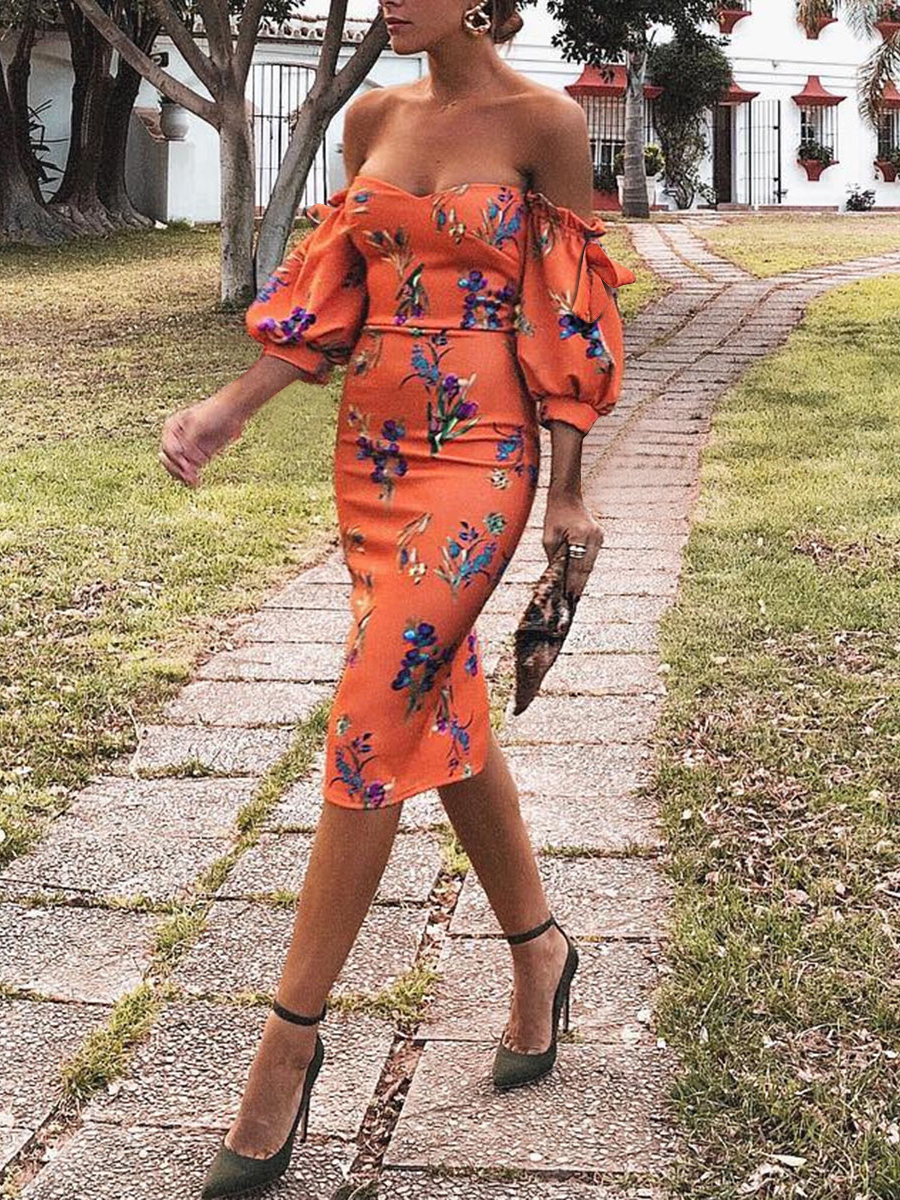 Sexy Orange Red Off Shoulder Floral Print Bodycon Dress