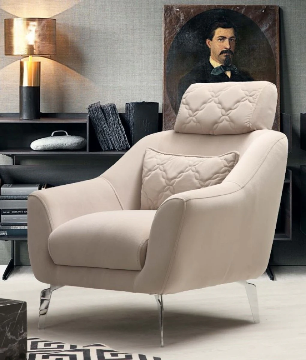 Casa Padrino sill¨®n de sal¨®n de lujo con reposacabezas ajustable y almohada decorativa beige / plata 83 x 85 x A. 92 cm - Muebles de sal¨®n de lujo