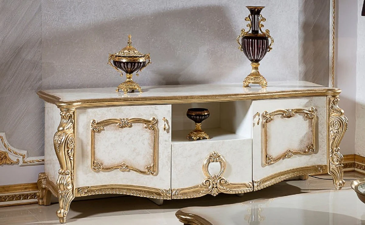 Casa Padrino armario TV barroco de lujo blanco / beige / oro 190 cm