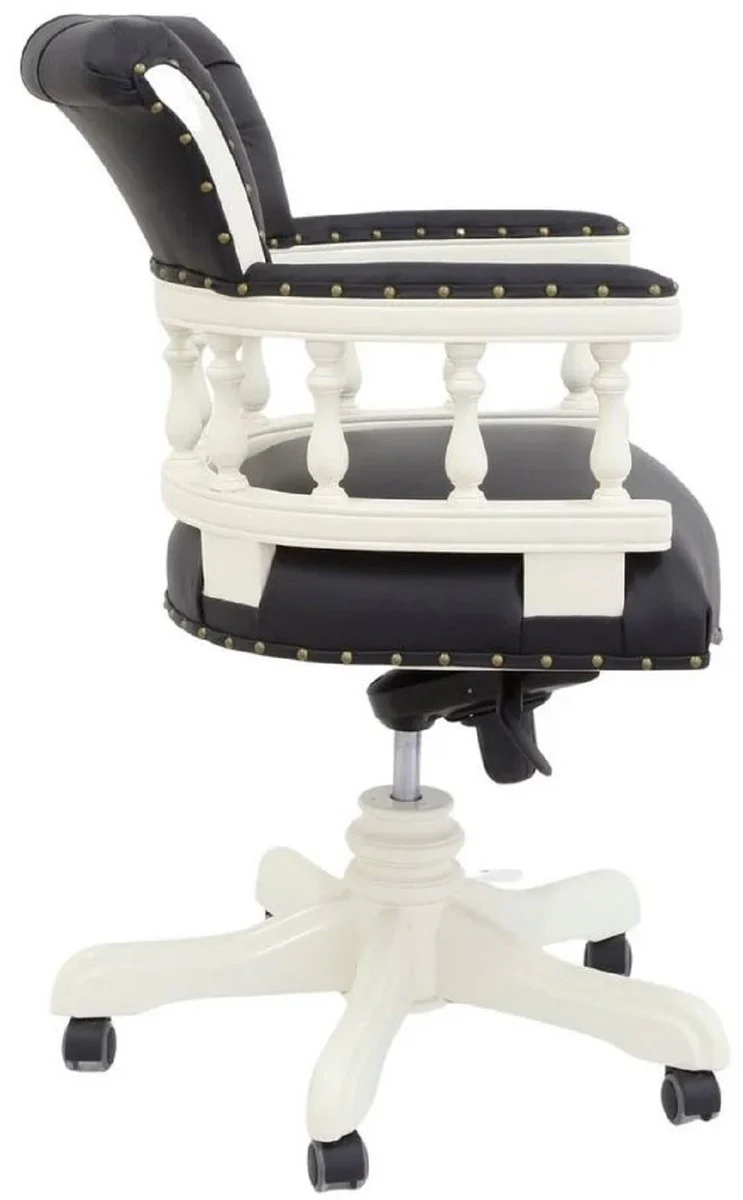 Casa Padrino silla de escritorio barroco de lujo Chesterfield de cuero genuino negro / blanco A. 107 cm - Muebles de oficina barrocos