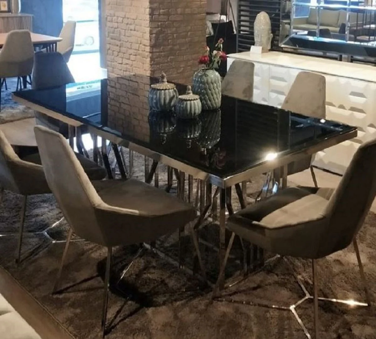 Casa Padrino mesa de comedor de lujo plata / negro 200 x 100 x A. 77 cm - Mesa de cocina rectangular de acero inoxidable con tapa de vidrio - Muebles de comedor - Muebles de lujo
