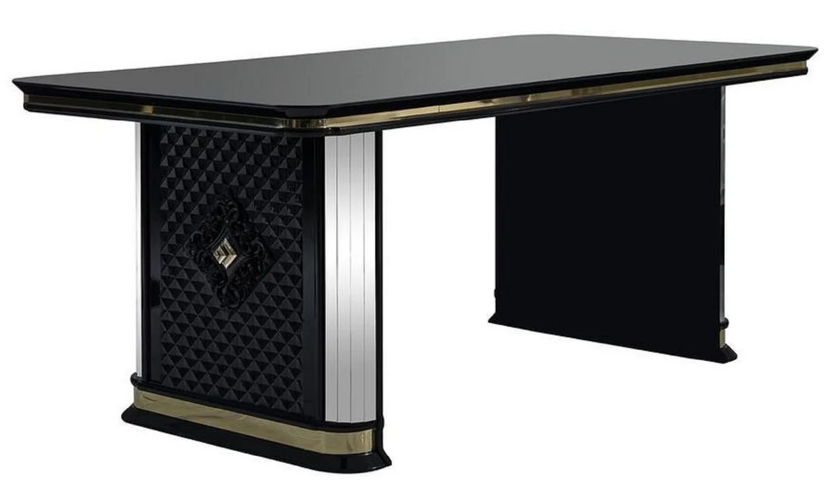 Casa Padrino mesa de comedor Art Deco de lujo negro / oro - Mesa de cocina hecha a mano de madera maciza con espejo de vidrio - Muebles de Comedor Art Deco