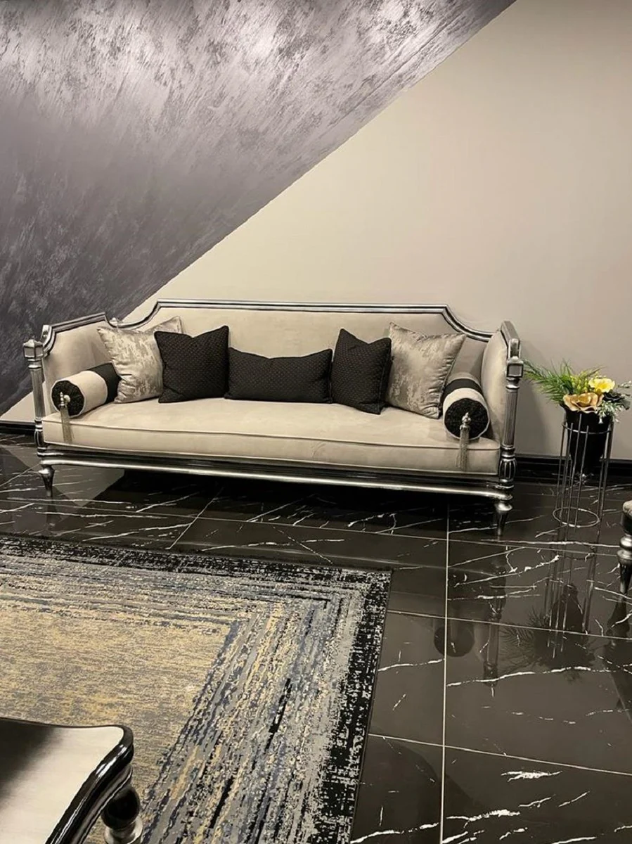 Casa Padrino sof¨¢ barroco de lujo crema / plata / negro - Sof¨¢ de sal¨®n hecho a mano en estilo barroco - Muebles de sal¨®n barrocos