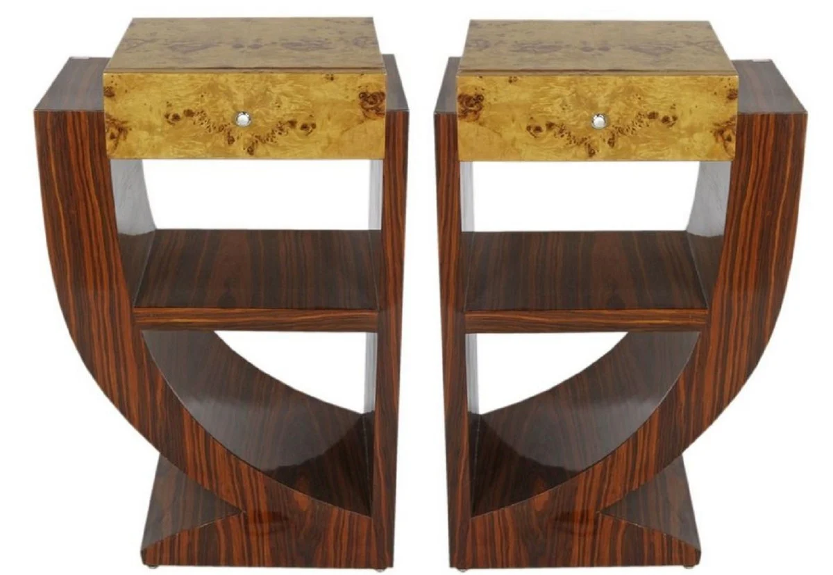 Casa Padrino Conjunto de Mesa Auxiliar Art Déco Marrón / Marrón Claro 50 x 40 x H. 75 cm - Mesas Auxiliares de Caoba y Madera Burl con Cajón - Mesitas de Noche - Calidad de Lujo