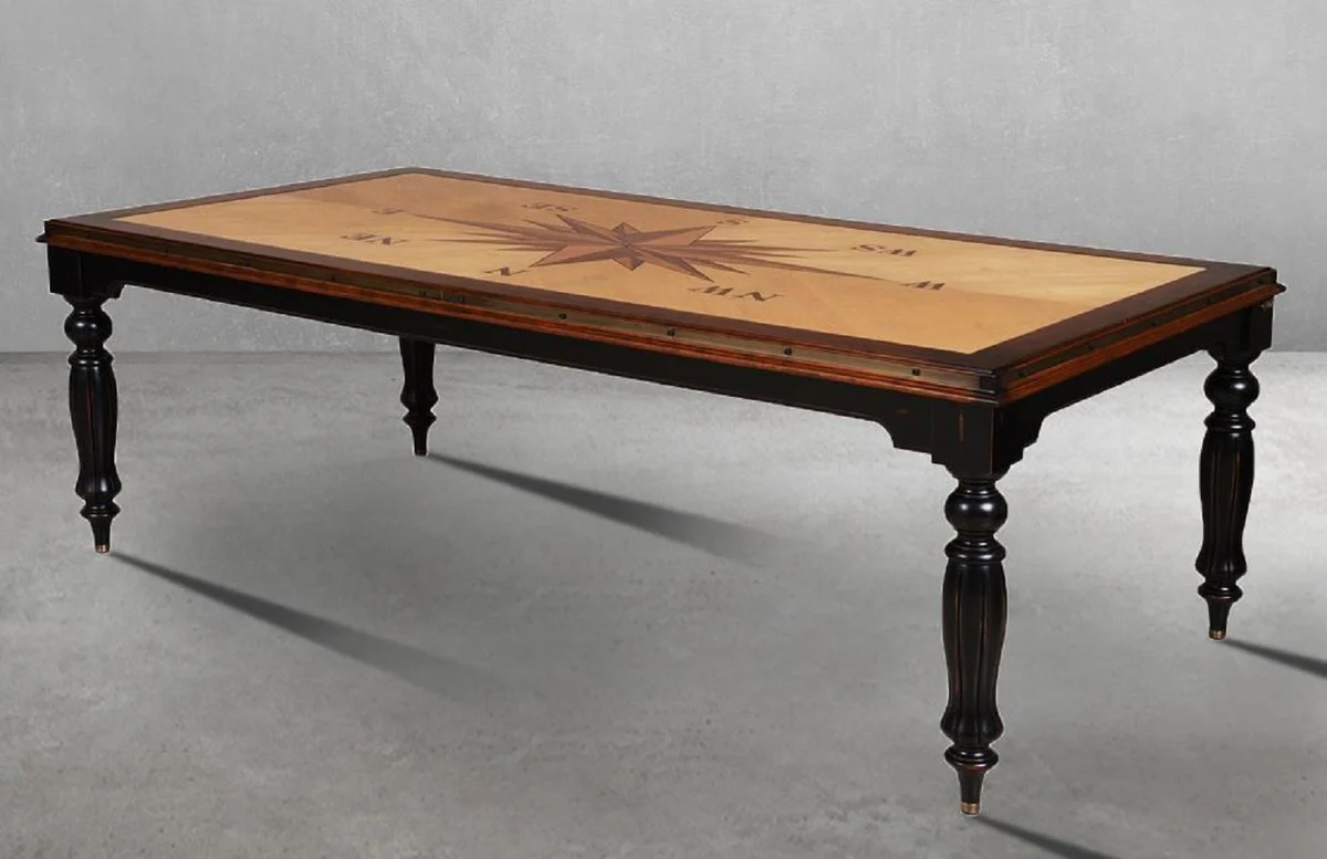 Casa Padrino Mesa de Comedor de Estilo Vintage de Lujo Natural / Marrón / Negro 240 x 120,5 x A. 77,5 cm - Mesa de Comedor de Madera Maciza - Muebles Muebles de Comedor de Estilo Vintage de Lujo