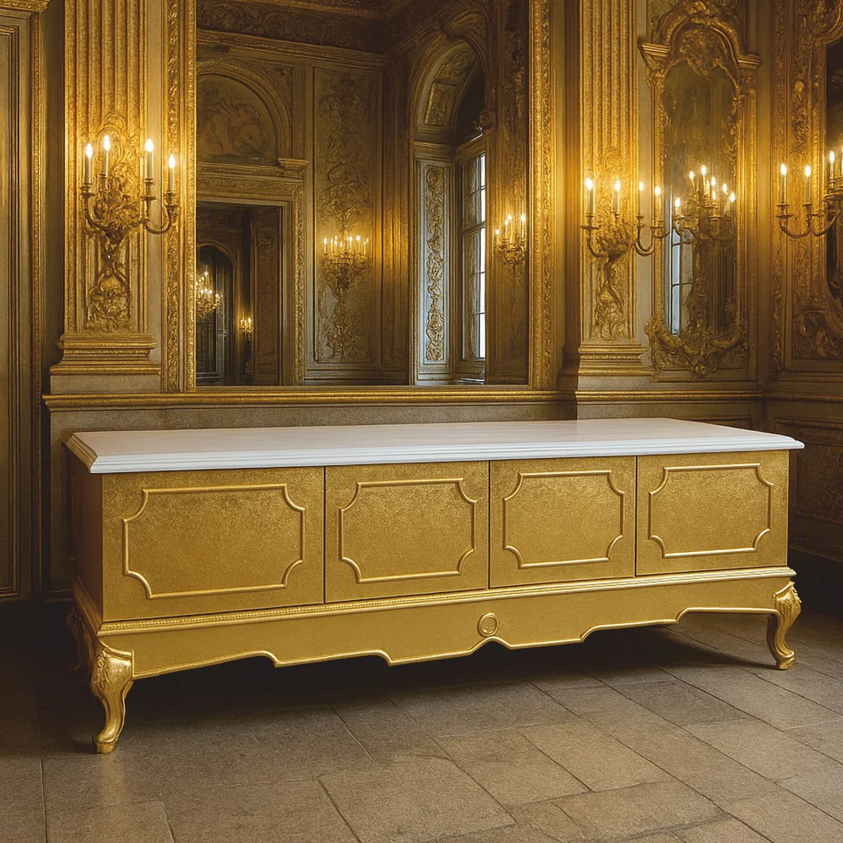 Casa Padrino gabinete de TV barroco de lujo oro / blanco 200 cm - Muebles de salón barrocos