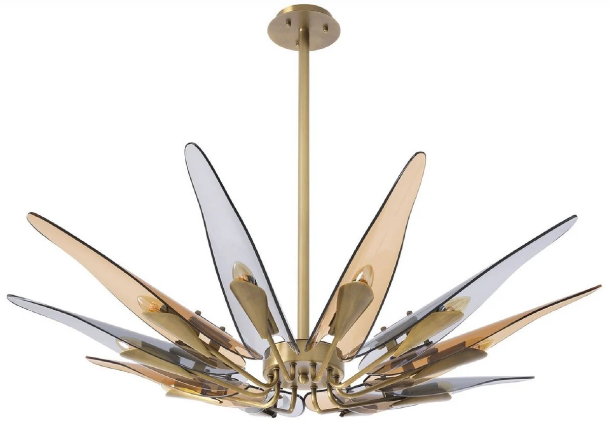 Casa Padrino lámpara de araña de diseño latón antiguo / ámbar / gris Ø 112 x A. 8,5 cm - Lámpara de araña de metal con pantallas de vidrio tintado - Calidad de Lujo