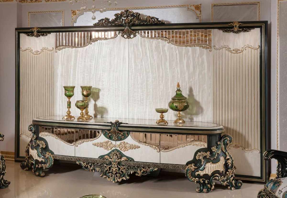 Casa Padrino armario de TV barroco de lujo crema / blanco / verde / oro - Magn¨ªfico aparador de sal¨®n con pared trasera - Muebles de sal¨®n barrocos - Muebles de lujo en estilo barroco