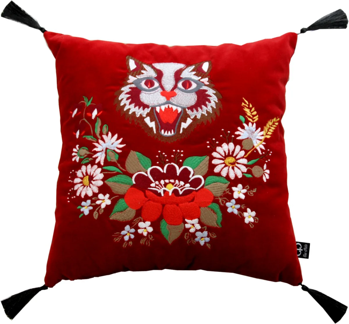 Almohada decorativa de lujo Casa Padrino con borlas Gato rojo / negro 45 x 45 cm - Terciopelo fino - Cojín de vida