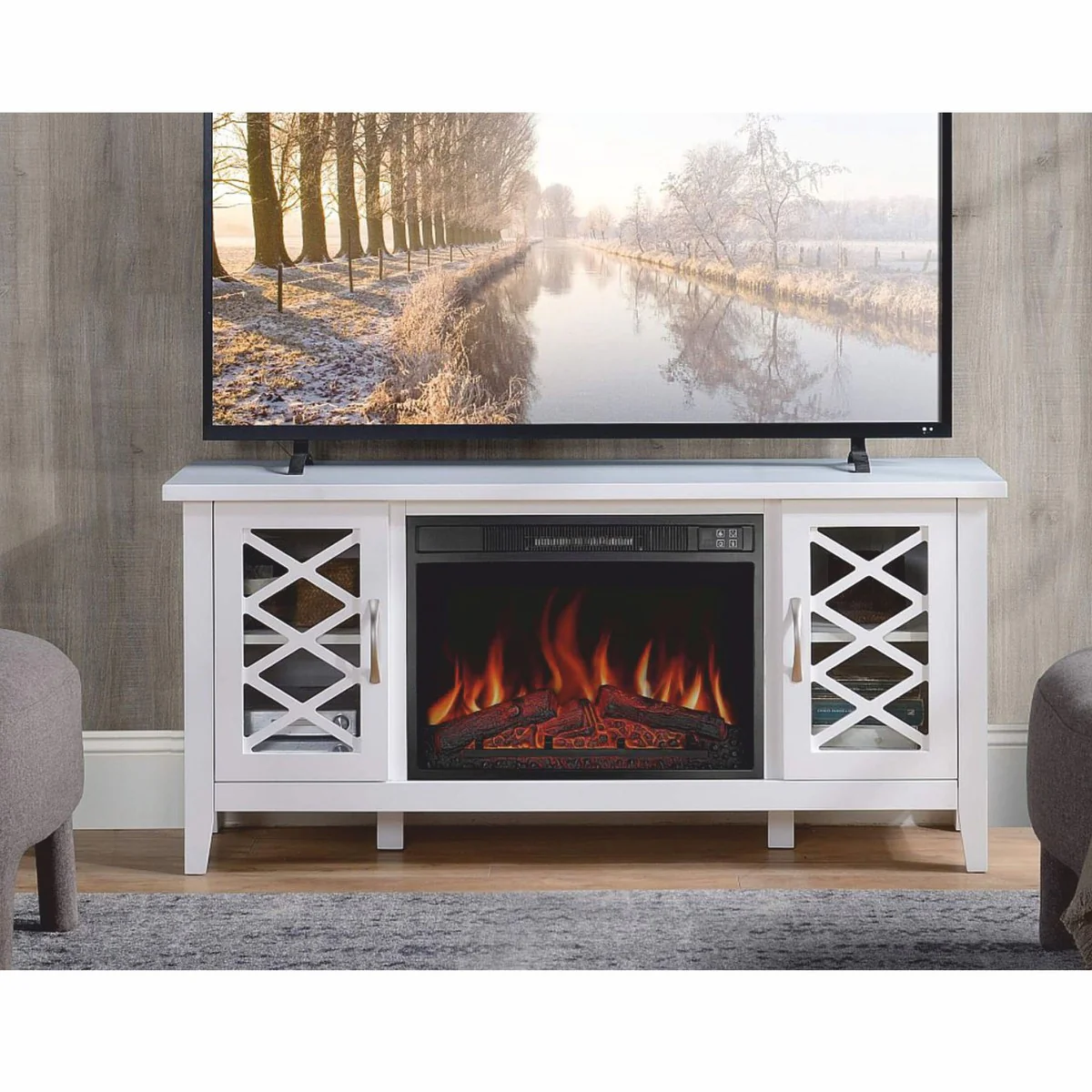 Casa Padrino armario de TV de estilo campestre con chimenea eléctrica LED blanco 137,1 x 39 x A. 64,5 cm
