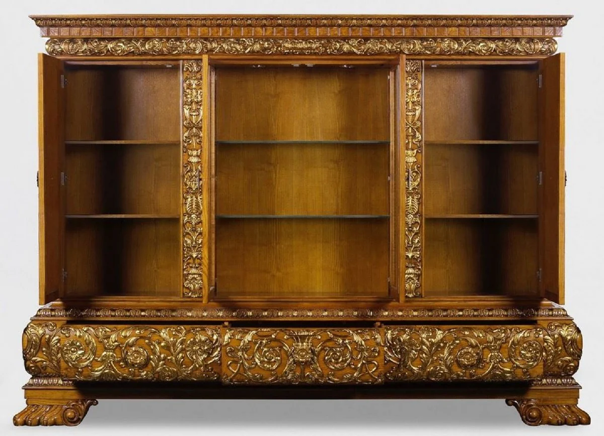 Casa Padrino armario de sal¨®n de lujo con iluminaci¨®n LED marr¨®n / oro 268 x 58 x A. 189 cm - Armario de madera maciza - Muebles de lujo - Interiores de lujo - Muebles de sal¨®n - Calidad de lujo