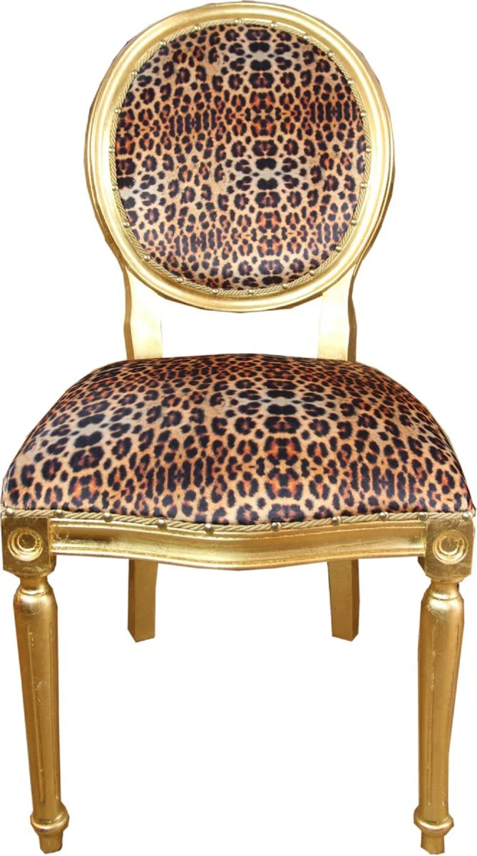 Casa Padrino Conjunto de Sillas de Comedor Barroco de Lujo Medall¨®n Leopardo / Oro 50 x 52 x H. 99 cm - 6 Sillas de Comedor Hechas a Mano - Muebles de Comedor Barrocos