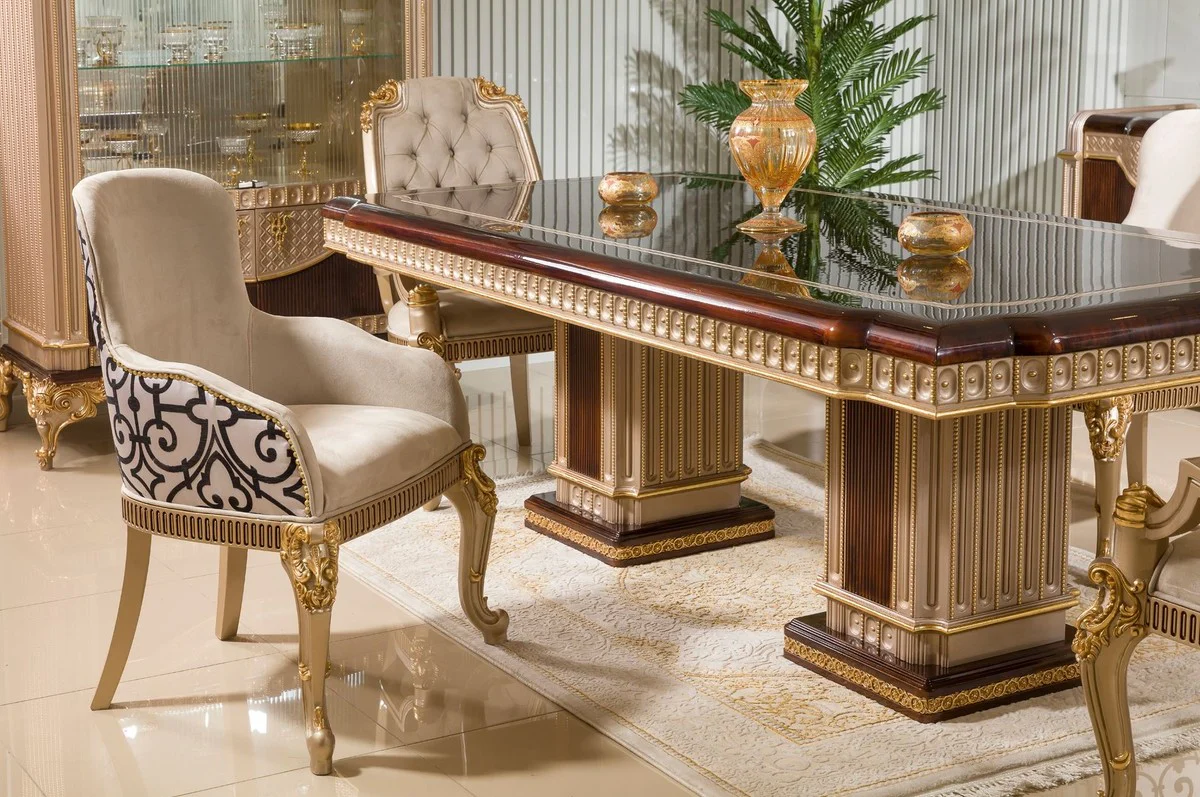 Casa Padrino silla de comedor barroco de lujo con reposabrazos gris / blanco / negro / oro A. 94 cm