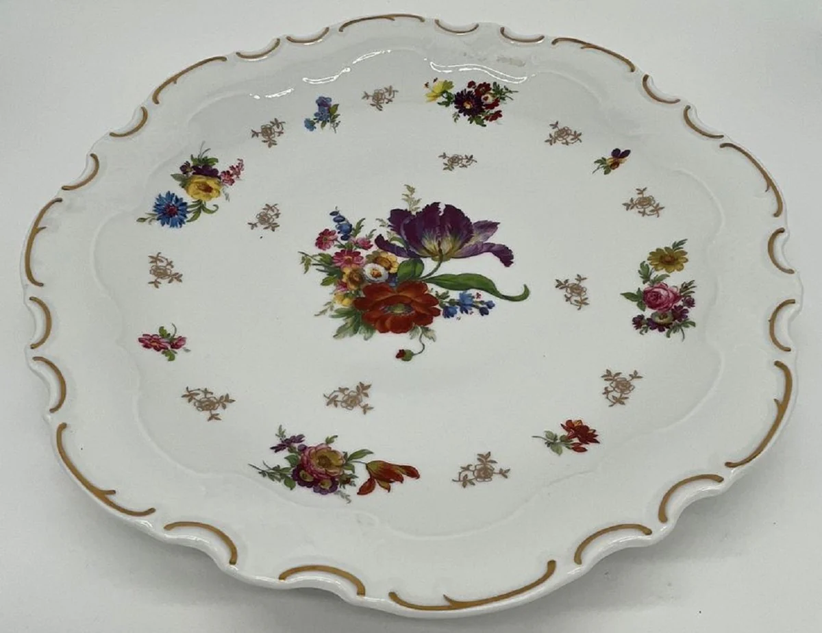 Casa Padrino plato de porcelana barroco de lujo blanco / multicolor / oro ? 33 cm - Plato llano de porcelana - Accesorios de Porcelana - Porcelana Reichenbach - Calidad de Lujo - Hecho en Alemania