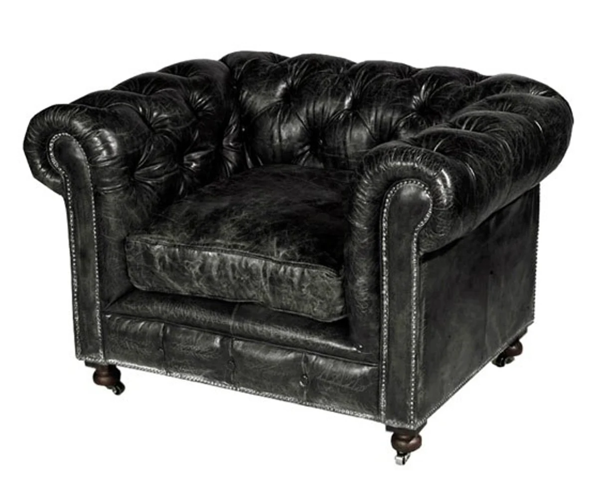 Casa Padrino Chesterfield Luxury Real leather chair Vintage Black Leather Kensington - Club Chairs