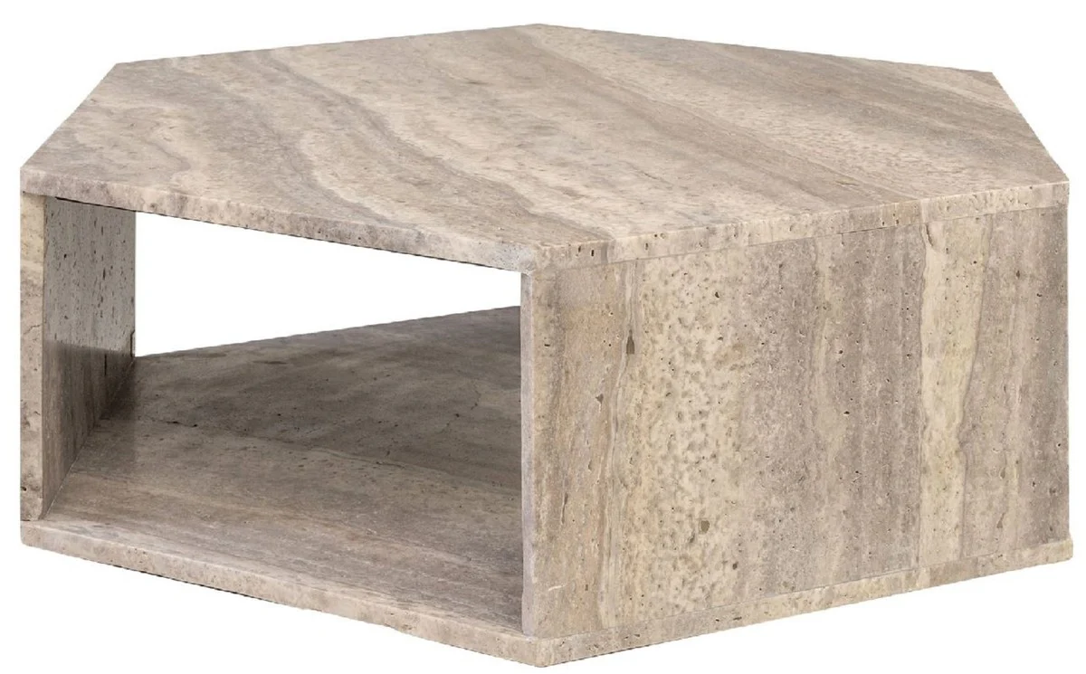 Casa Padrino mesa de centro de lujo gris 91 x 79 x A. 30 cm - Mesa de sal¨®n de piedra natural de travertino de 6 esquinas - Muebles de sal¨®n - Muebles de travertino - Muebles de lujo