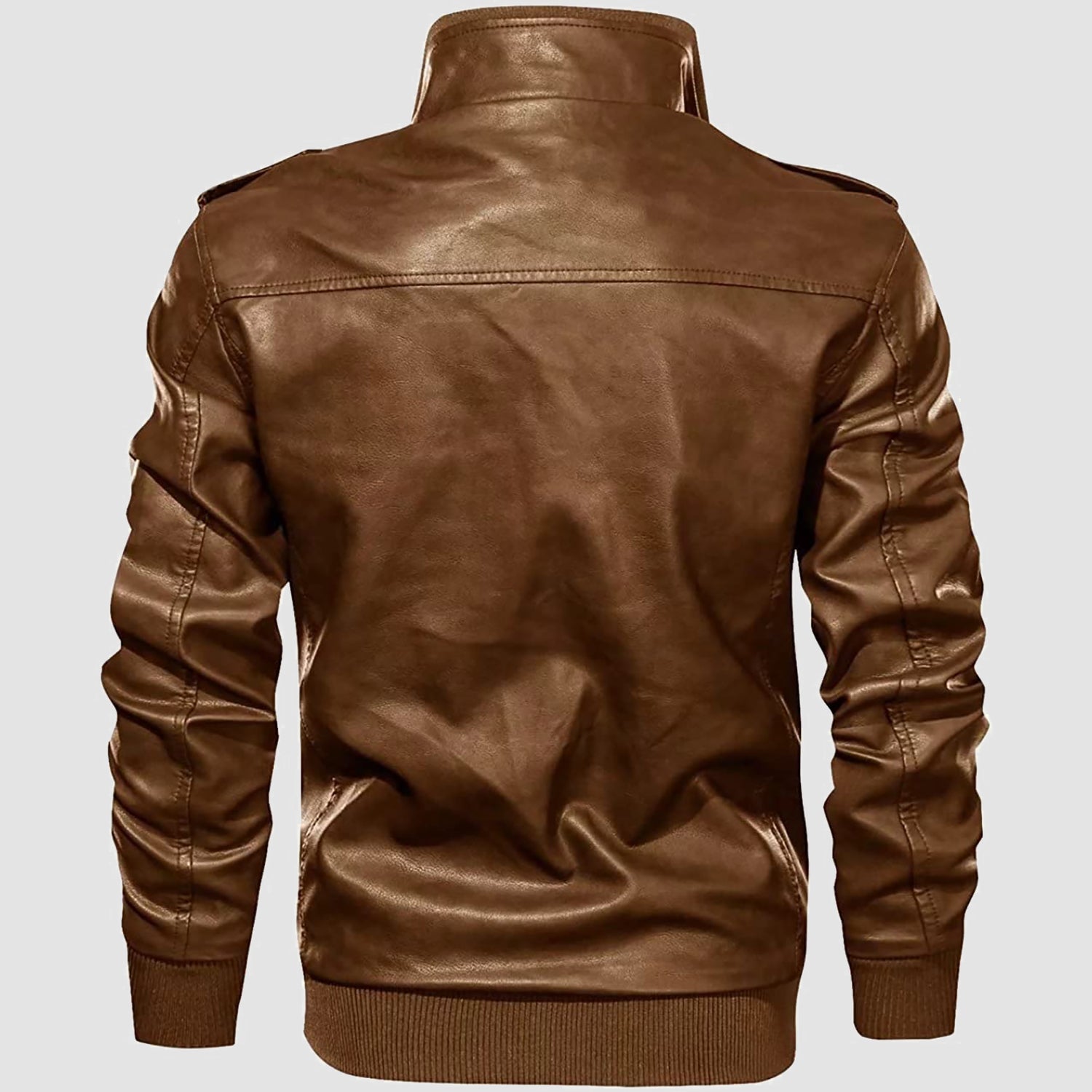 Men's Vintage Pu Faux Leather Jacket with 6 Pockets Stand Collar Motorcycle PU Leather Outwear Coat