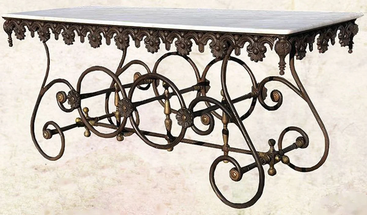 Casa Padrino mesa nostálgica de jardín de hierro forjado con tapa de mármol - 175 cm x 65 cm x H75 cm - muebles de jardín de lujo