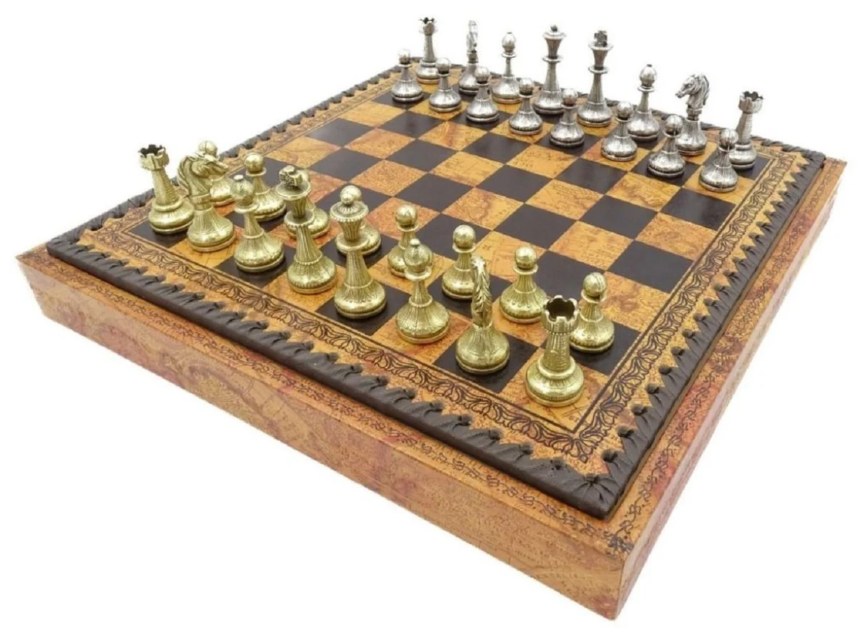 Casa Padrino conjunto de ajedrez de lujo marrón / negro / oro / plata 28 x 28 x A. 3,5 cm - Tablero de ajedrez de material similar al cuero con piezas de ajedrez de metal - Accesorios de lujo