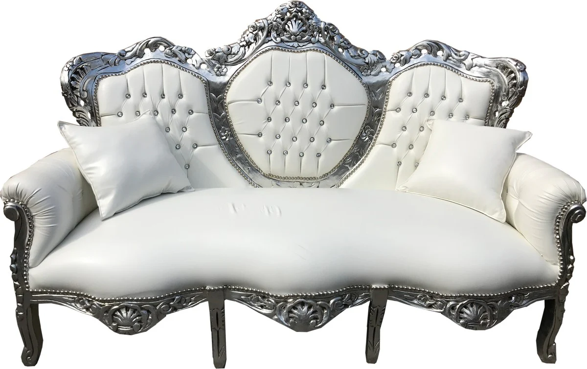 Sof¨¢ de 3 plazas Casa Padrino, estilo barroco, blanco, aspecto de cuero blanco / plateado con pedrer¨ªa Bling Bling - Sof¨¢ de la sala Muebles de sala