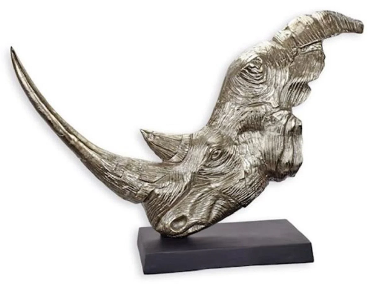 Casa Padrino escultura decorativa de aluminio de lujo cabeza de rinoceronte plata / negro 93,5 x 22,5 x A. 67 cm - Figura decorativa de aluminio con base de madera - Decoración de salón