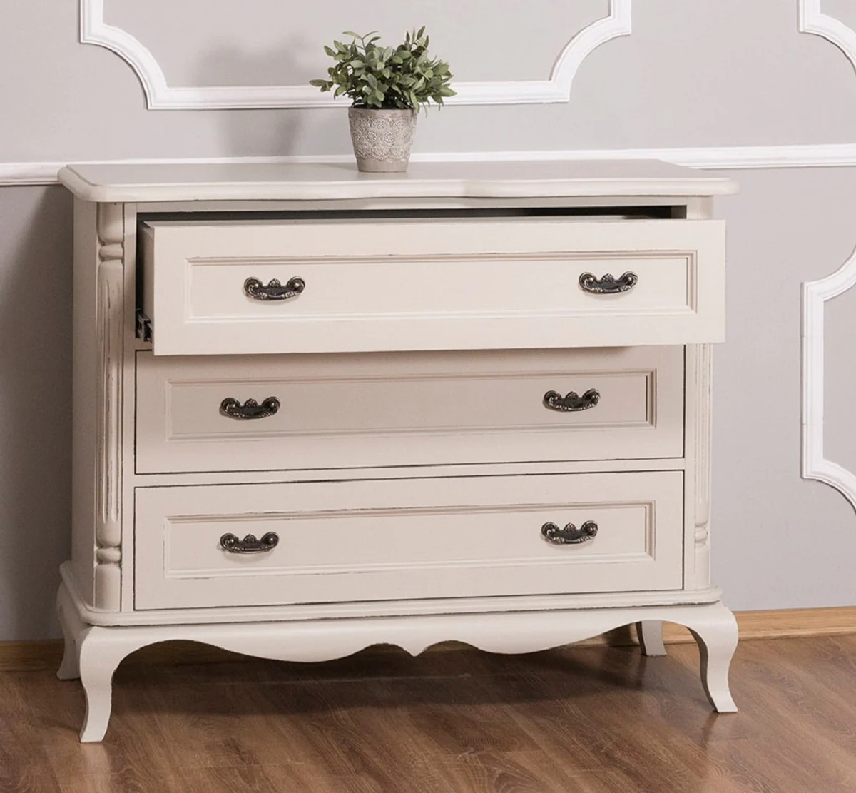 Casa Padrino c¨®moda de estilo campestre con 3 cajones gris claro antiguo 110 x 48 x H. 89 cm - Muebles de Estilo Campestre