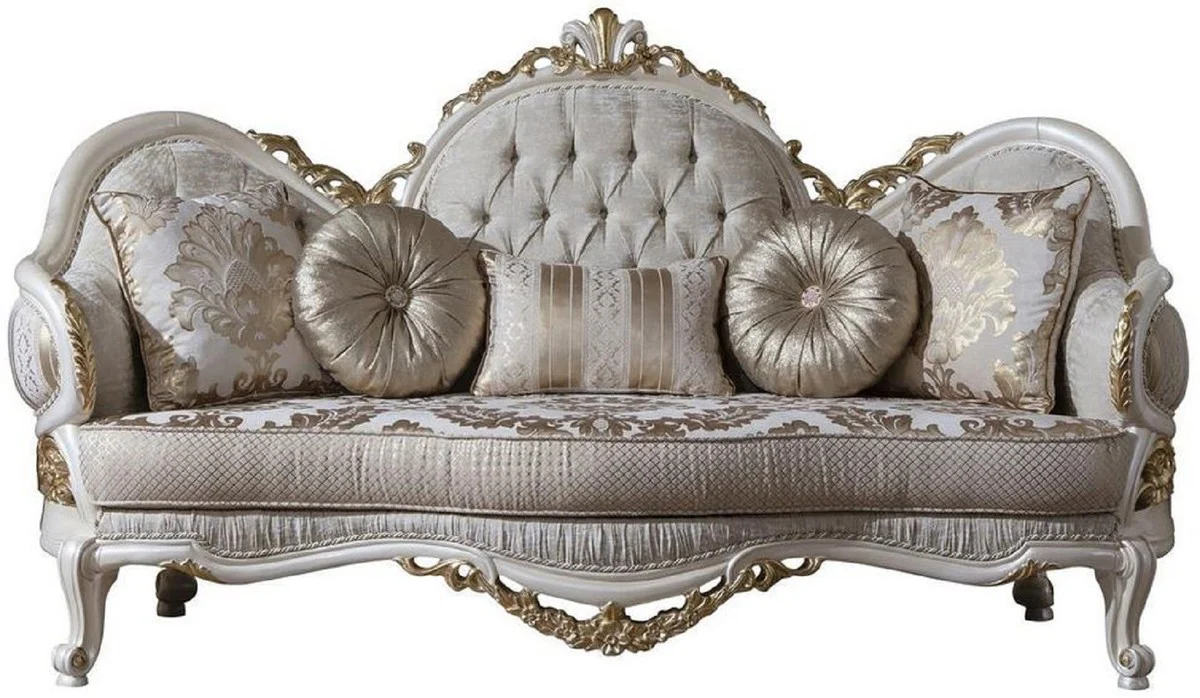 Casa Padrino sof¨¢ barroco de lujo gris / blanco / oro 220 x 80 x A. 124 cm - Magn¨ªfico sof¨¢ de sal¨®n con cojines decorativos - Muebles Barrocos