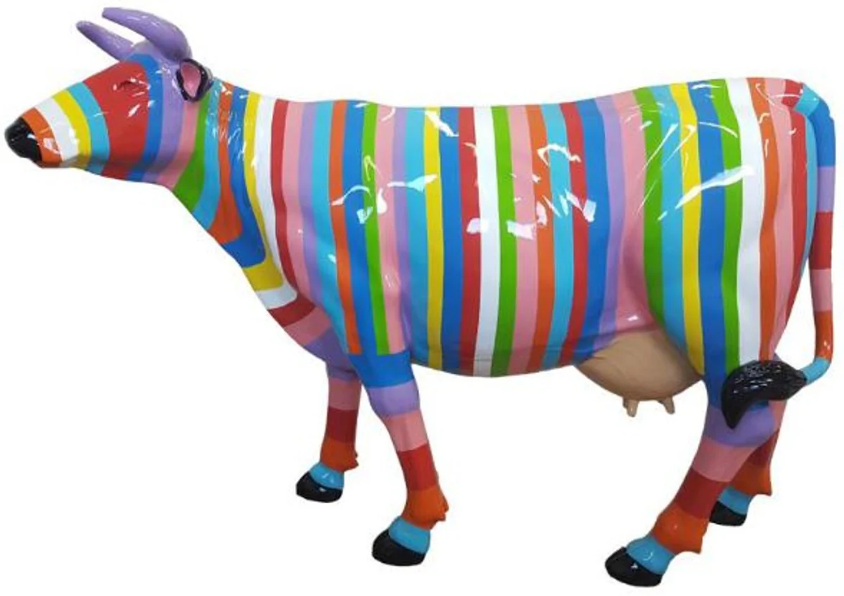 Casa Padrino escultura de jardín de diseño vaca con rayas multicolor 210 x 55 x A. 147 cm - Figura decorativa enorme resistente a la intemperie - Figura animal de tamaño natural