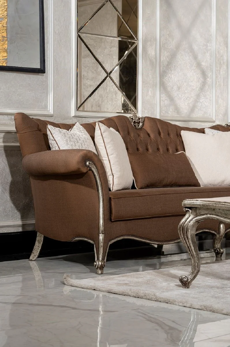 Casa Padrino sof¨¢ de sal¨®n barroco de lujo marr¨®n / plata antigua - Sof¨¢ de estilo barroco hecho a mano con cojines decorativos - Muebles de sal¨®n de lujo en estilo barroco - Muebles barrocos