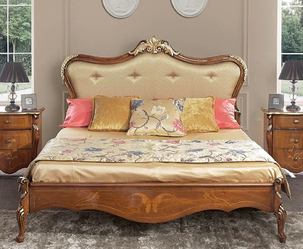 Casa Padrino cama de matrimonio barroco de lujo oro / marrón / oro - Magnífica cama de madera maciza estilo barroco - Muebles de dormitorio y de hotel barrocos - Calidad de lujo - Hecho en Italia