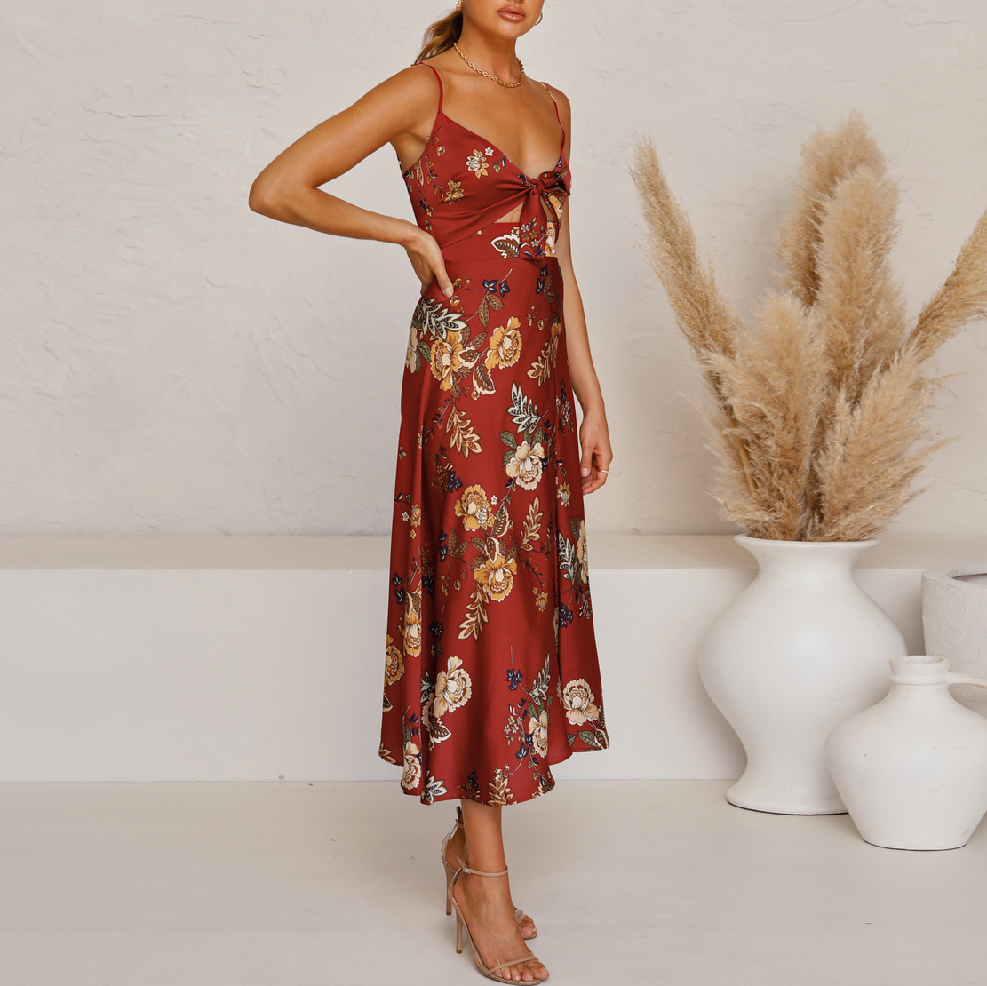 Fashion Temperament Printed Knotted Sling Dress