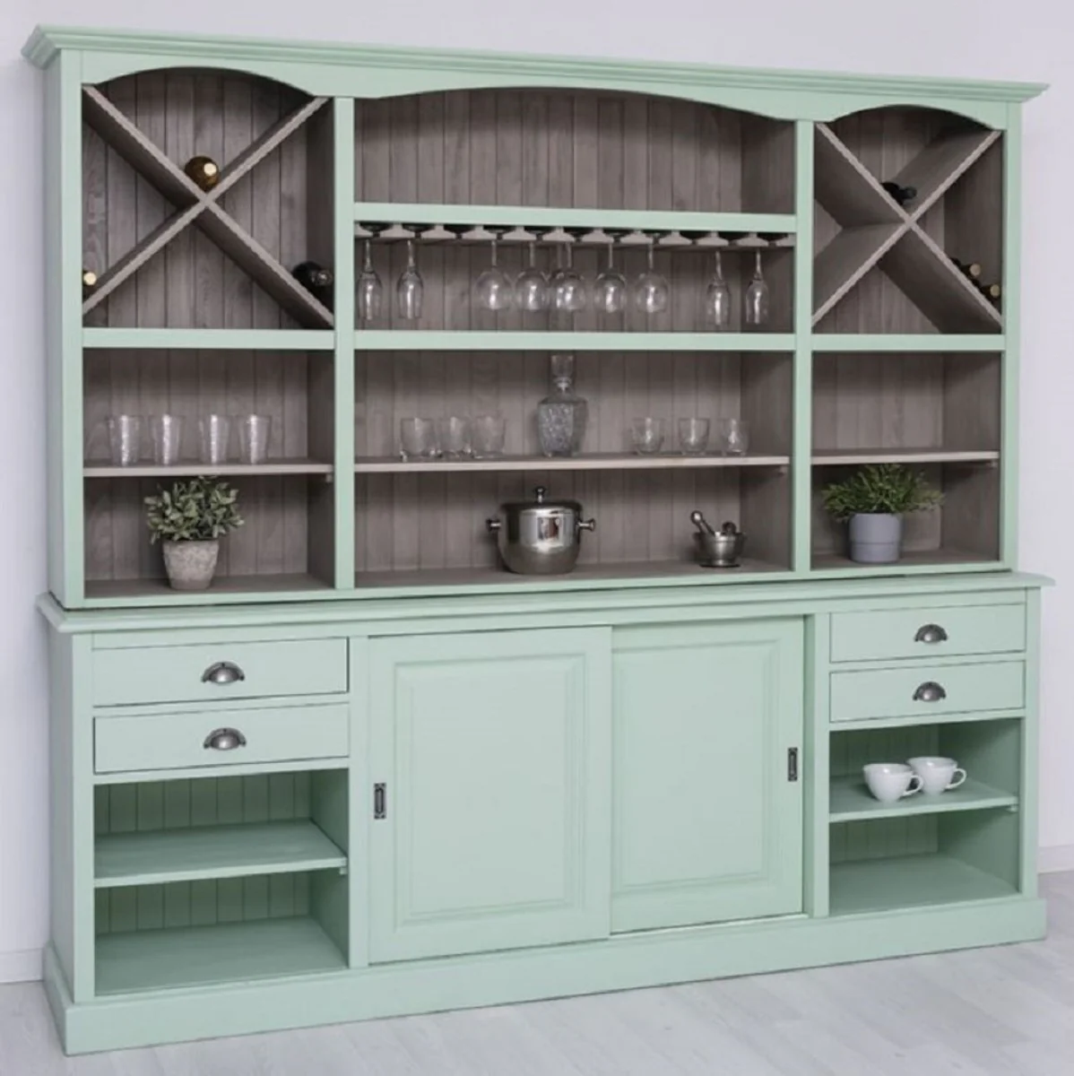 Casa Padrino gabinete bar de estilo campestre verde menta / gris 240 x 50 x A. 210 cm - Gabinete para vinos de madera maciza de estilo campestre - Muebles de bar de estilo campestre