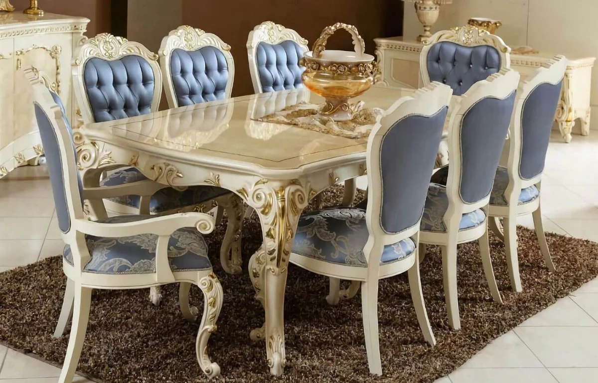 Casa Padrino conjunto de comedor barroco de lujo azul / blanco / oro - 1 Mesa de Comedor Barroco y 6 Sillas de Comedor Barrocos - Muebles de comedor barrocos - Noble y Magn¨ªfico