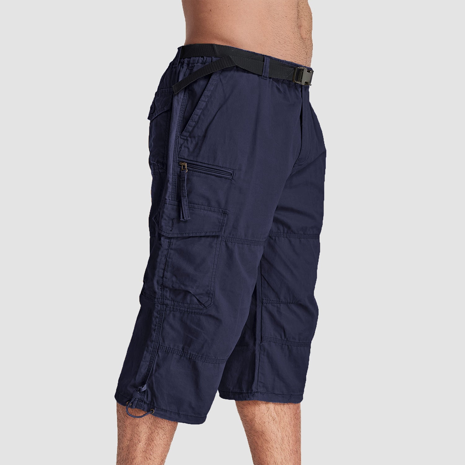 Men Summer Casual 3/4 Long Cargo Shorts Twill Cotton Elastic Waist Multiple Pockets Comfortable Capris Trousers