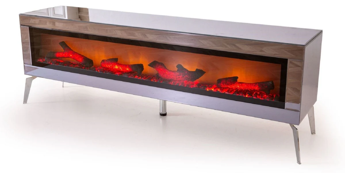 Casa Padrino gabinete de TV de lujo con chimenea eléctrica LED y mando a distancia plata 180 cm