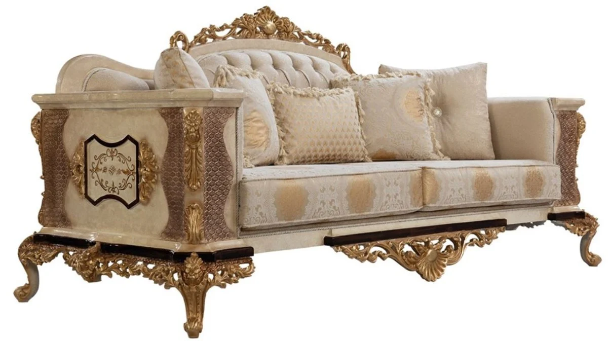Casa Padrino sof¨¢ barroco de lujo blanco / beige / crema / negro / oro - Sof¨¢ de sal¨®n de estilo barroco con patr¨®n elegante - Muebles de sal¨®n de lujo en estilo barroco - Muebles barrocos