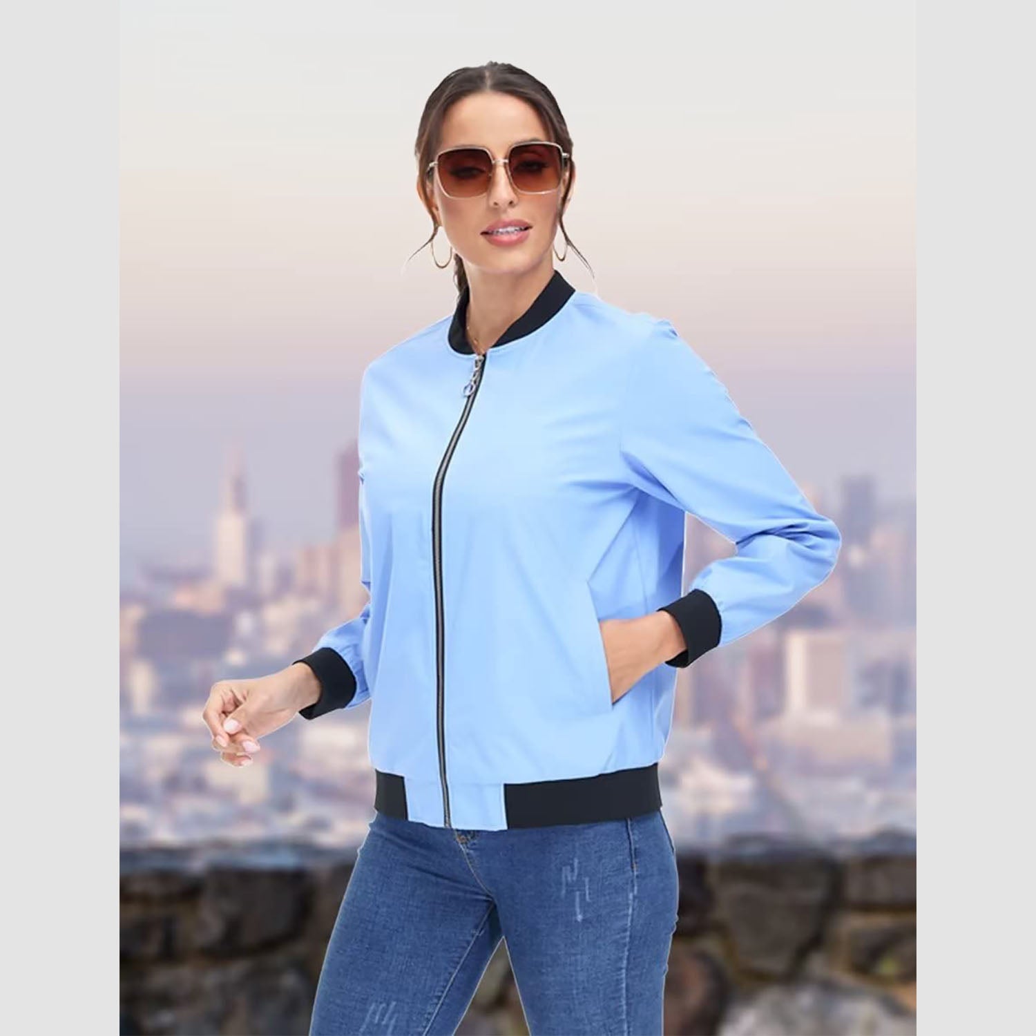 Women's Bomber Jacket Casual Zip Up Lightweight Coat Outerwear Windbreaker