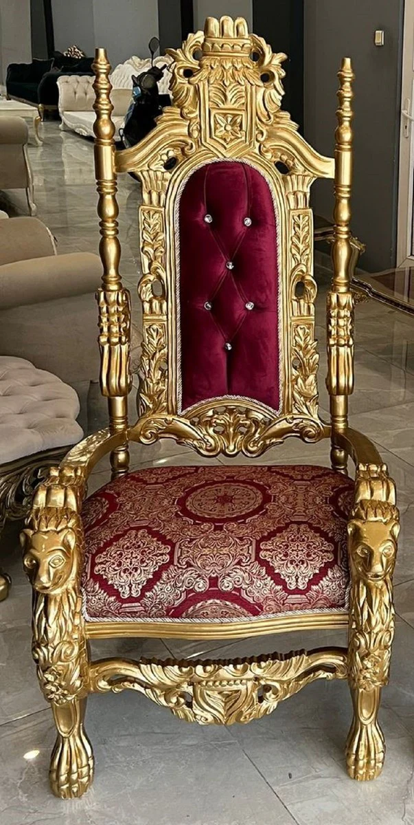 Casa Padrino sill¨®n de trono barroco con pedrer¨ªa y tela de terciopelo fino rojo burdeos / oro - Sill¨®n real barroco - Sill¨®n de boda barroco - Sill¨®n gigante barroco - Muebles barrocos