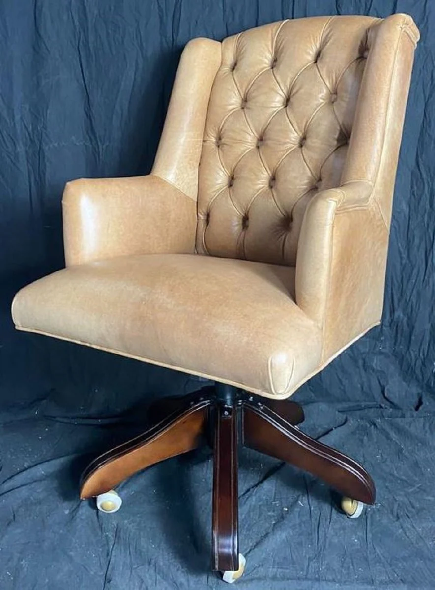 Casa Padrino silla de oficina de cuero Chesterfield de lujo crema vintage / marr¨®n 64 x 67 x A. 104-111 cm - Silla de escritorio de cuero genuino - Muebles Chesterfield - Muebles de lujo
