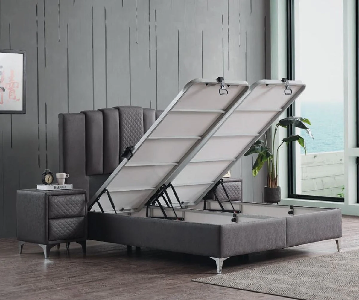 Casa Padrino cama doble de lujo gris / blanco / plata 180 x 200 cm - Cama de madera maciza con cabecero y colchón - Muebles dormitorio - Muebles hotel - Muebles de lujo - Interior de lujo