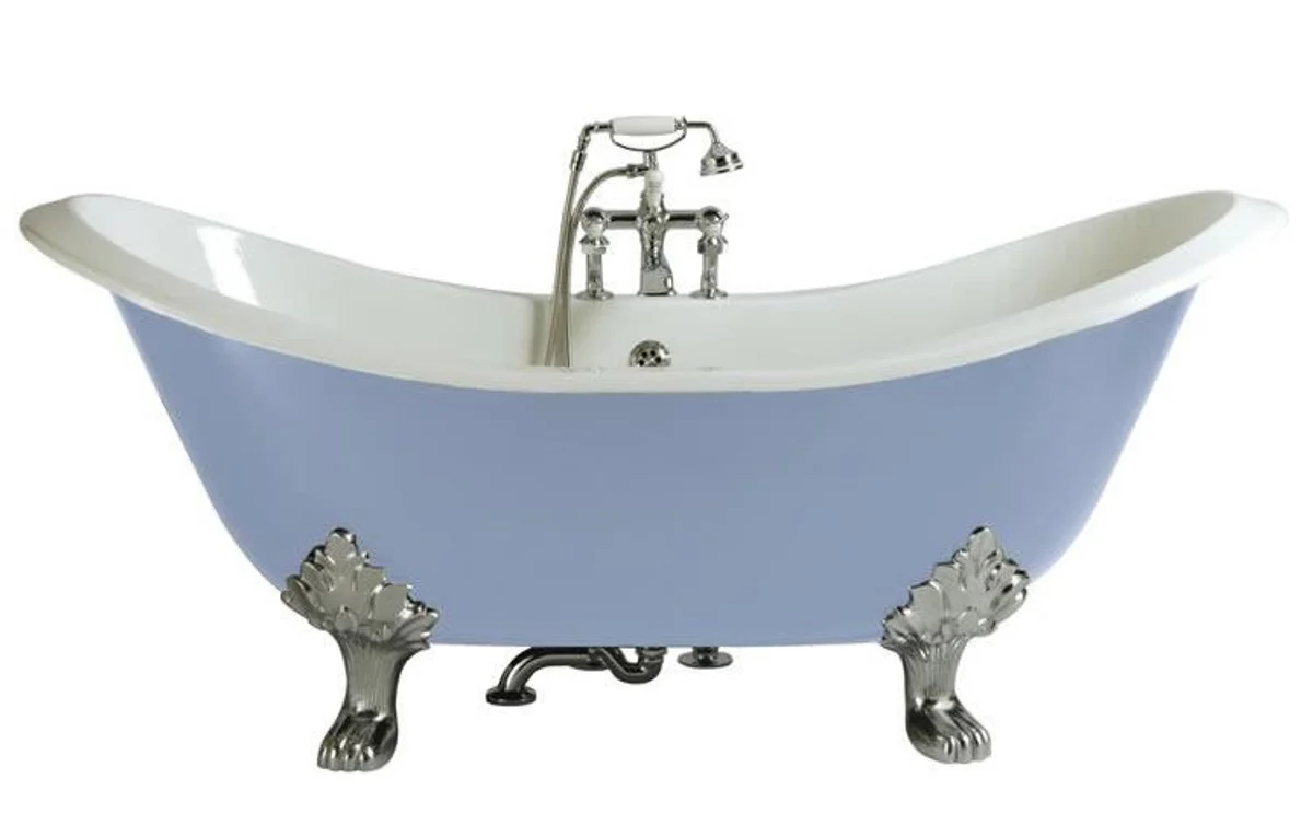 Casa Padrino Bañera de lujo Art Nouveau de hierro fundido azul claro / blanco / plateado 180 x 77 x H. 79 cm - Bañera curvada independiente - Muebles de baño barrocos y Art Nouveau