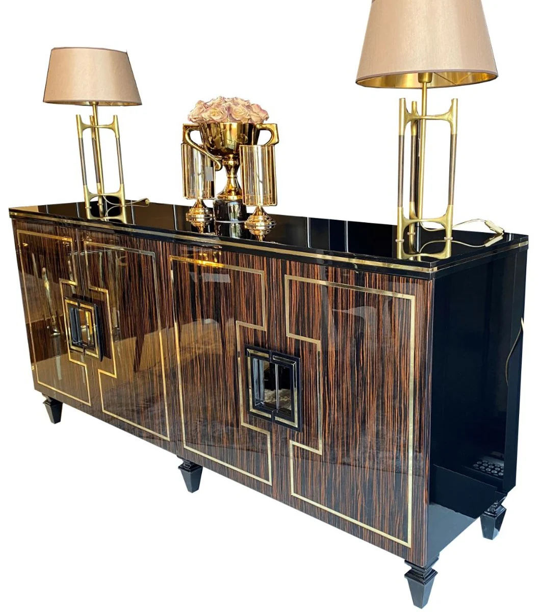 Casa Padrino aparador Art Decó de lujo marrón oscuro / negro / oro 220 x 55 x A. 104 cm - Armario noble con 4 puertas y tapa de vidrio - Muebles de Salón Art Deco